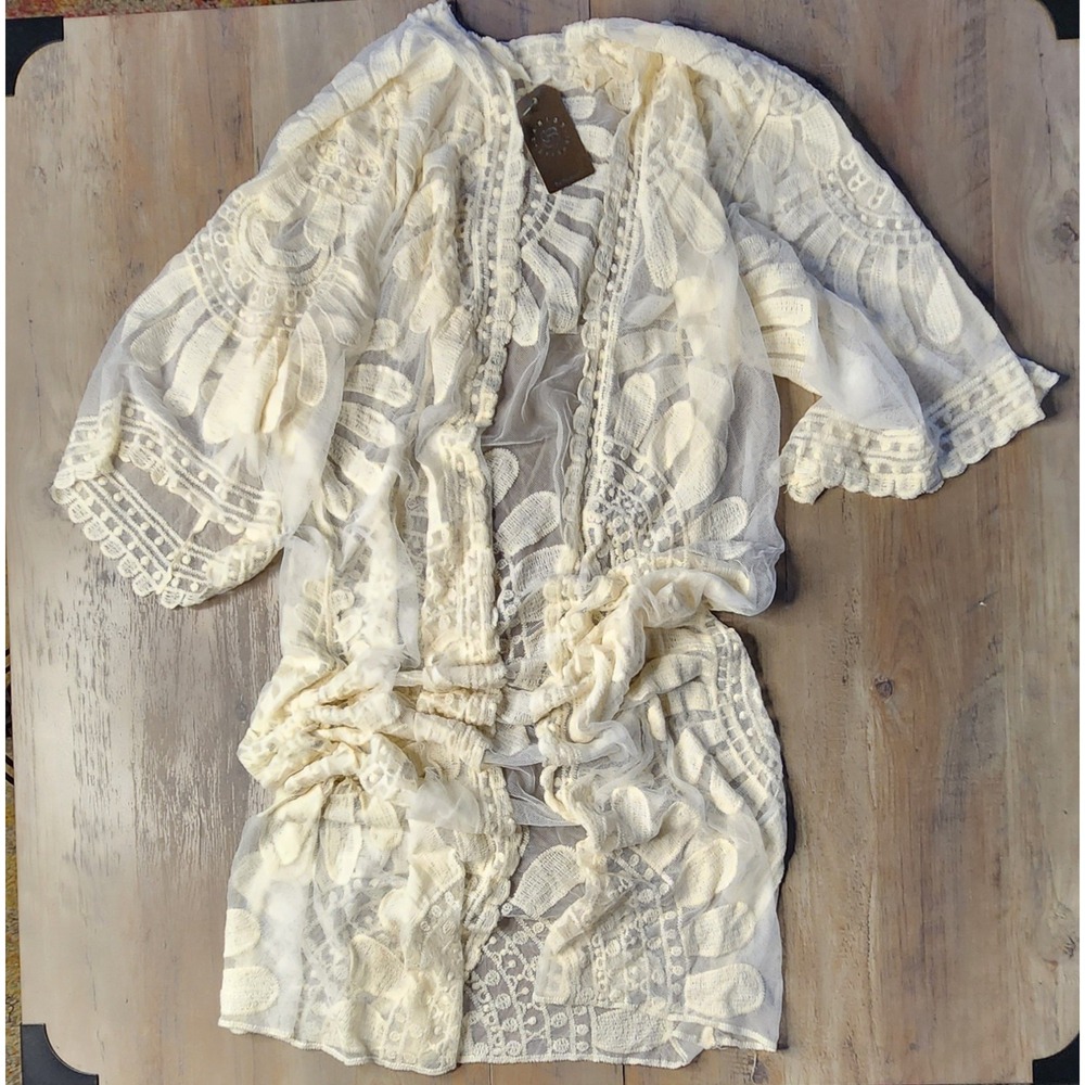 Janice Apparel White Boho Long Cardigan Duster Lace Sheer Floral-One Size- NWT